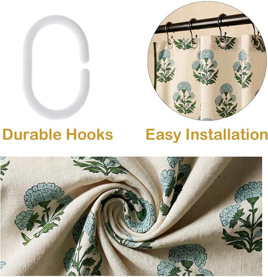 Boomkin Block Print Scalloped Shower Curtain Set with 12 Hooks | Blue and Green Shower Curtain Linen Textured Cottage Core Floral Bathroom Curtain for Vintage Farmhouse Bathroom 72 x 72 Inch