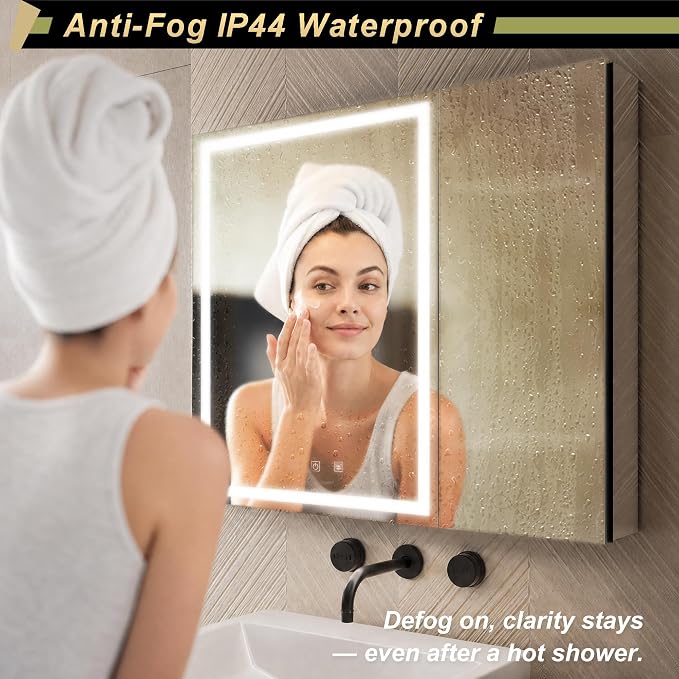 30*28 inch Two-door Aluminum LED Lighted Bathroom Medicine Mirror Cabinet | Light Adjustable, Sockets & USBs inside, Anti-Fog, Easy to Install