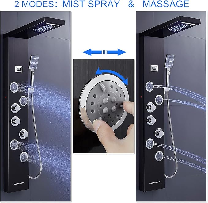 MENATT LED Shower Panels Tower System, SUS304 Stainless Steel Bathroom Shower Panel System with 4 Body Jets, Rainfall, Waterfall, Handheld Shower, Tub Faucet (Black)