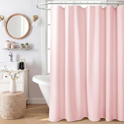 Stall Waffle Shower Curtain 256 GSM Heavy Fabric 48x72 Pink | 48 Inch Wide, Thick Cloth, Weighted Hem, Water Repellent, Hotel Luxury Polyester Shower Curtain Set for Bathroom 8 Hooks