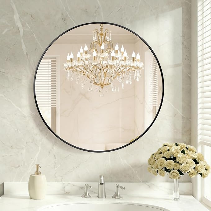 DUMOS 30 Inch Round Wall Mirror, Bathroom Mirror, Black | Metal Frame, HD Reflection Shatterproof Glass Vanity, Decor for Bathroom Vanity Bedroom Entryway