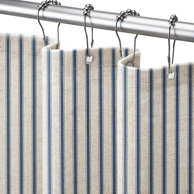 Farmhouse Striped Shower Curtain Navy Blue Vintage Linen Curtain 72W X 72L | Striped Shower Curtains with Linen Texture for Bathroom Decor