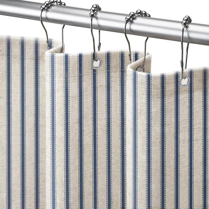 Farmhouse Striped Shower Curtain Navy Blue Vintage Linen Curtain 72W X 84L | Extra Long Striped Shower Curtains with Linen Texture for Bathroom Decor