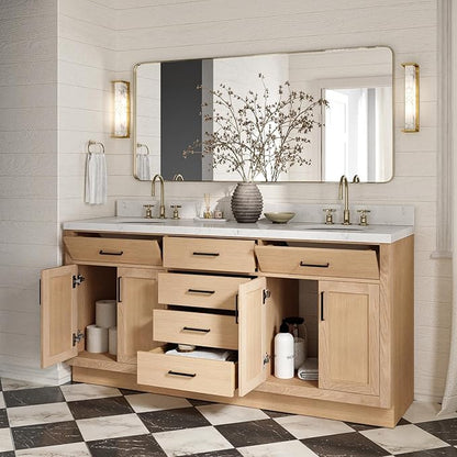 ARIEL Hepburn 72-inch Bathroom Vanity with Sink,Solid Wood, 1.5-inch Carrara White Quartz Countertop & Backsplash, Double Oval Porcelain Sink, 4 Soft Closing Doors, 6 Dovetail Drawers, White Oak