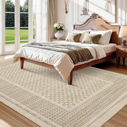 Washable Area Rug 9x12 Rug for Living Room Modern Plaid Large Area Rug for Bedroom Decor Farmhouse Non Slip Throw Rugs Low Pile Stain Resistant Carpet for Office Dining Room 9'x12' Beige