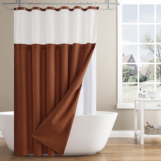 Linen Shower Curtain 78 Inch for Bathroom Terracotta Double Layer | Curtains with Hook, Snap in Liner, Water Repellent, Neutral Farmhouse, Neutral Bath Decor, 1 Panel, 72x78