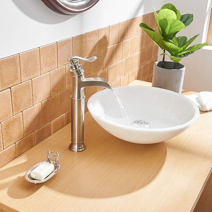 BWE Vessel Sink Faucet Waterfall Brushed Nickel Bathroom Commercial Vanity Sink Faucets with Supply Lines Combo Single Handle Bath Basin Bowl Centerset Sink Lavatory Tall Mixer Tap