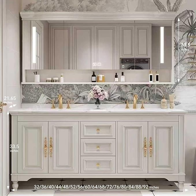 American Minimalist Bathroom Vanity with Sink Mirror 36-92IN, Premium Solid Wood Vanity with LED Lighting& Defogging