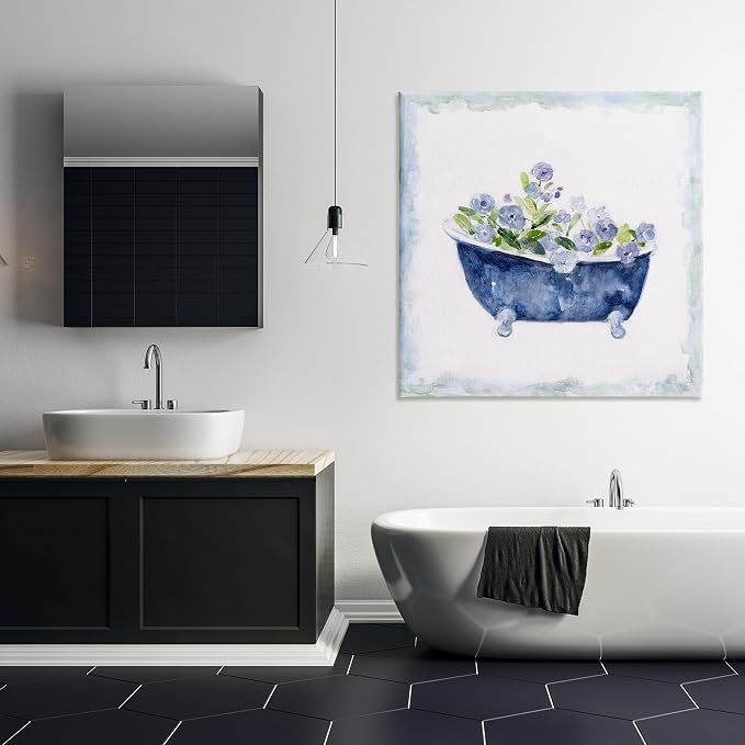 Stupell Industries Charming Blue Bathtub Botanical Floral Watercolor Border,Design by Sally Swatland | Stupell Industries | 36 x 36 Inches, Easy to Hang and Sturdy, Made in USA, by Sally Swatland