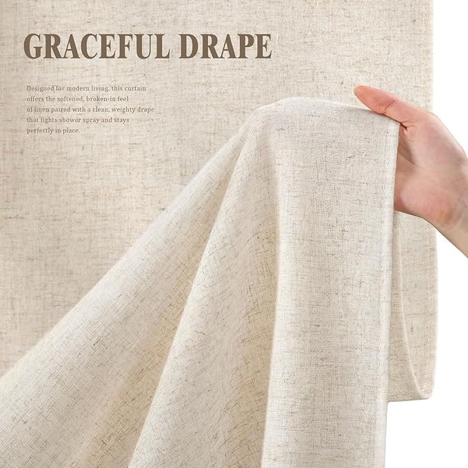 Beige Linen Shower Curtain Cream, Fabric Boho Farmhouse Shower Curtains for Bathroom Cotton Natural Cloth Liner Set 72" W x 72" L