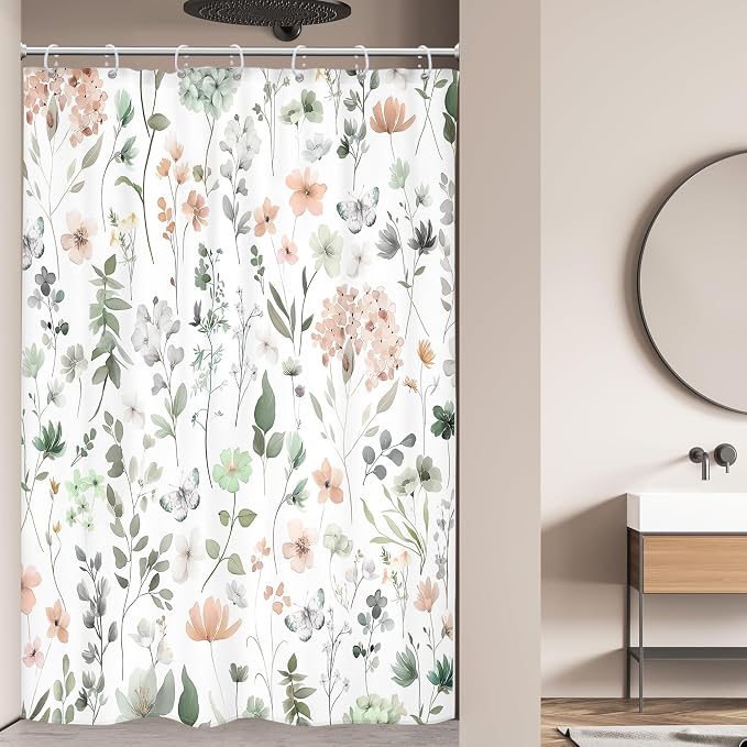 Cute Floral Small Stall Sage Green Flower Girls Bathroom Shower Curtain Set | 48"W x 72"H Wildflower Butterfly; waterproof HD print, quick-dry fabric and plastic hooks for easy setup.