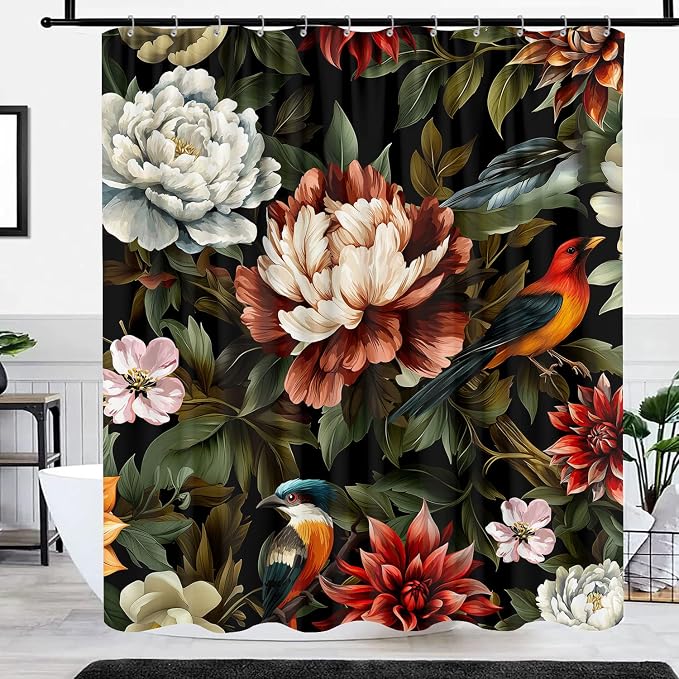 GOAOK Black Boho Floral Shower Curtain, Bright Abstract Bohemian Tropical Leaves Plant Flower Botanical Bird Shower Curtain Set, Modern Aesthetic Boho Chic Fabric Shower Curtain 12 Pack Hooks, 72X72