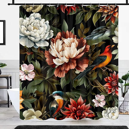 GOAOK Black Boho Floral Shower Curtain, Bright Abstract Bohemian Tropical Leaves Plant Flower Botanical Bird Shower Curtain Set, Modern Aesthetic Boho Chic Fabric Shower Curtain 12 Pack Hooks, 72X72