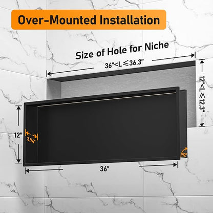 Stainless Led Shower Niche 36"x12" Black RGB Light No Tile Needed | 304 stainless steel shower niche,recessed niche shower,Led driver & remote control included,dimmable,bathroom shower storage
