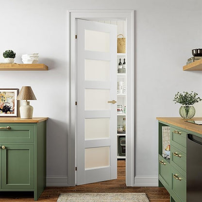 SMARTSTANDARD 24" x 80" Frosted Glass Pantry Door, Solid Core Slab Door | Pre-Assembled 5-Panel without Hardware, French Interior Door for Pantry Pocket, White Primed