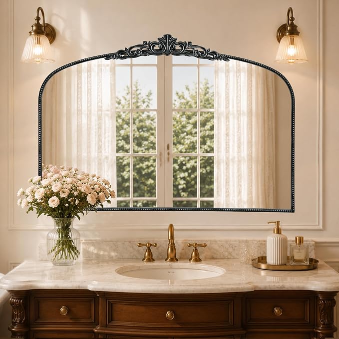Micasso Oversized Black Arched Mirror: 55"x36" Baroque Vintage Wall Mirror | French Antique Traditional Ornate Decorative for Entryway/Bedroom/Bathroom/Hallway/Fireplace - Home Decor for Living Room