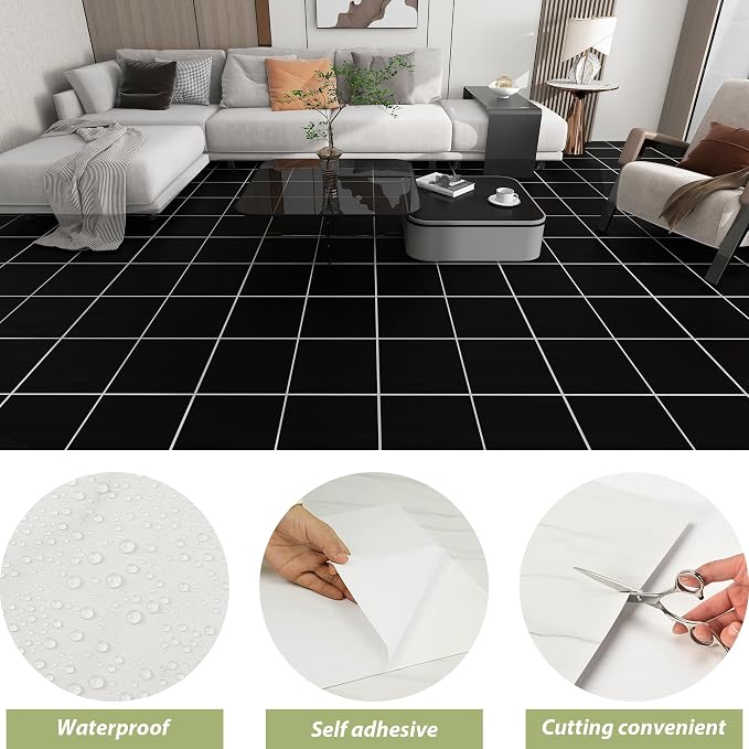Lareko 60Sq.Ft Marble Peel and Stick Vinyl Floor Tiles,60 Tiles - 12" x 12",Waterfproof and Self Adhesive Vinyl Sticker Tiles,Laminate Flooring for for Kichen,Dining Room(Black 30pcs&White30pcs)