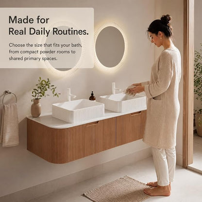 60 Inch Double Sink Bathroom Vanity, Floating Wall Mounted Cabinet, Natural Woodgrain Curved Fluted Front, Stone Top, Dual White Textured Rectangular Vessel Basins, Pre-Assembled