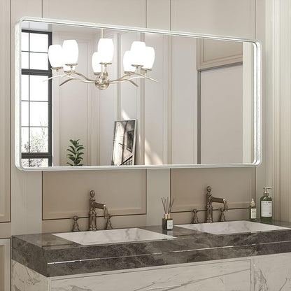 TETOTE 48 x 24 Inch Brushed Silver Frame Mirror, Bathroom Vanity Mirror for Wall, Modern Rectangle Round Corner Matte Framed Mirror (Horizontal/Vertical)