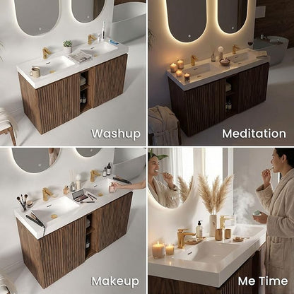 60" Double Bathroom Vanity with Sink Combo, Mid Century Modern Bathroom Cabinet with Doors & Shelves, Glossy White Integrated Sink with Overflow, Walnut