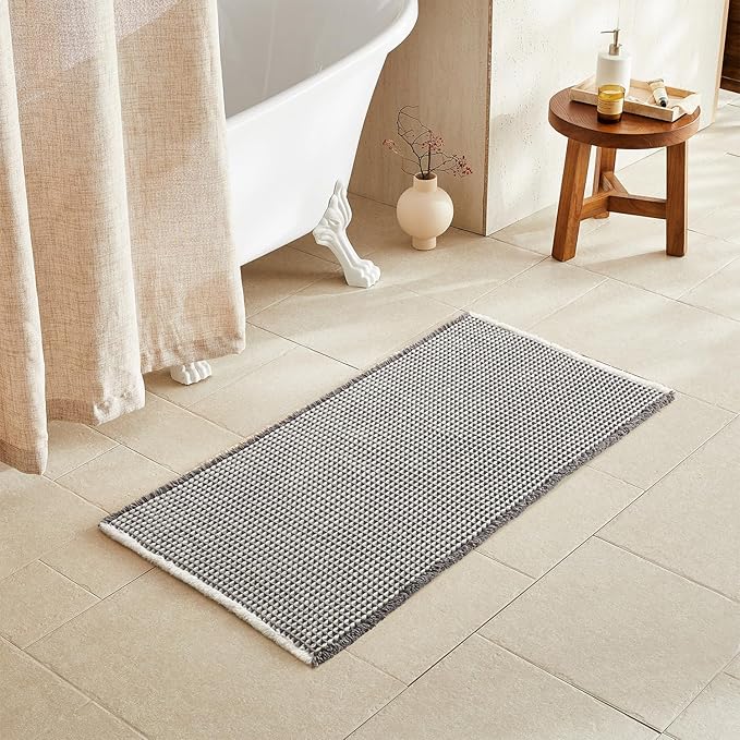 TYUU Waffle Bath Mat, Boho Bathroom Rugs Non Slip, 48x24 Grey & White | Super Absorbent Quick Dry Bath Rug, Non-Slip Backing, Soft Waffle Washable Farmhouse Bathroom Mats, Tub, Shower & Home Decor