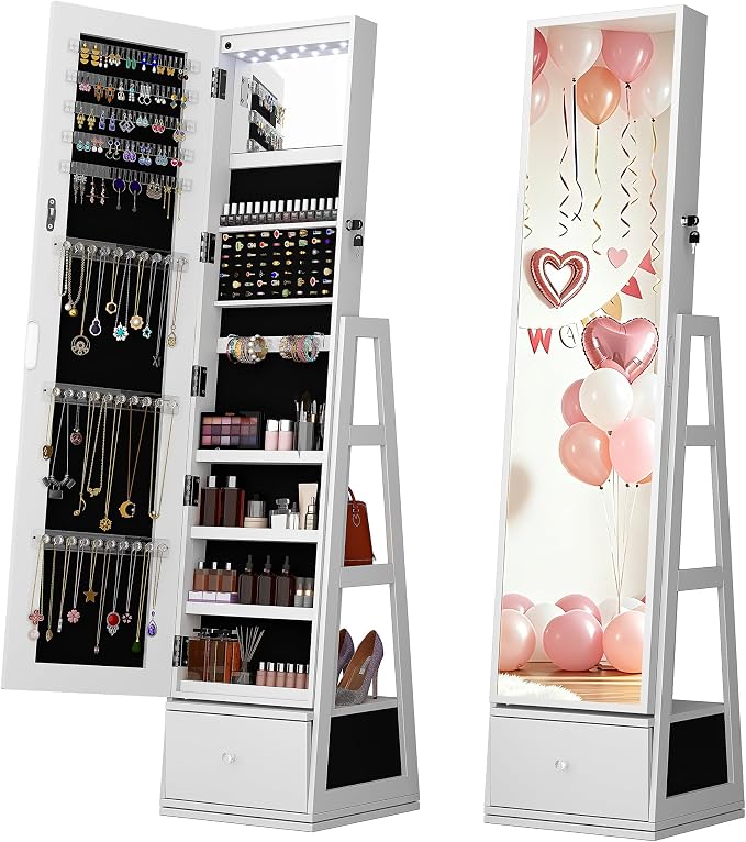 Rotatable 6 LEDs Jewelry Armoire With Drawer, White | 360°Swivel Jewelry Cabinet Standing with Full Length Mirror & Bottom Drawer & Makeup Mirror & 3 Back Rear Shelves & Lockable