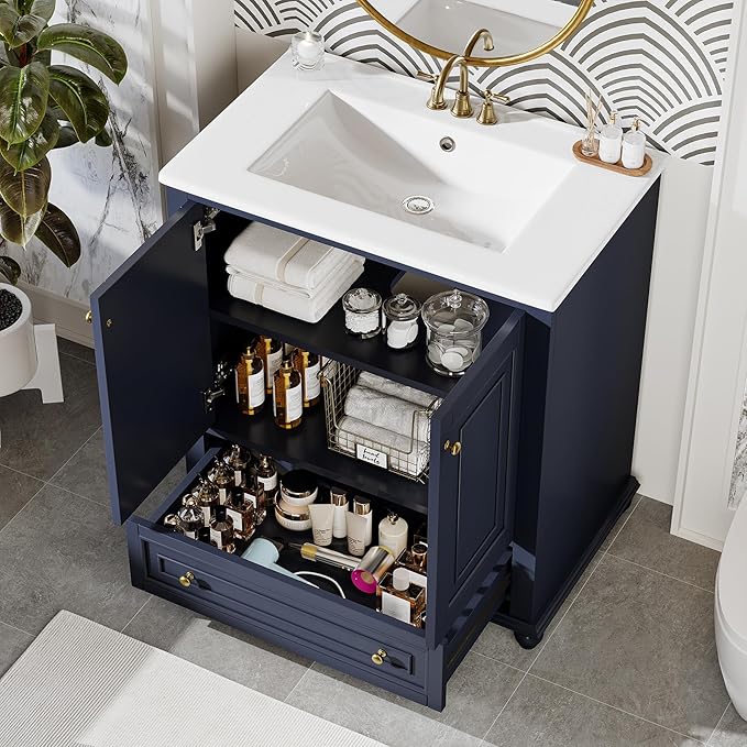 Tribesigns 30" Bathroom Vanity with Ceramic Sink Combo, Freestanding Bathroom Storage Vanity Cabinet with 2 Doors & 1 Drawer, Solid Wooden Frame & Coated Surface, Metal Handle, Navy Blue