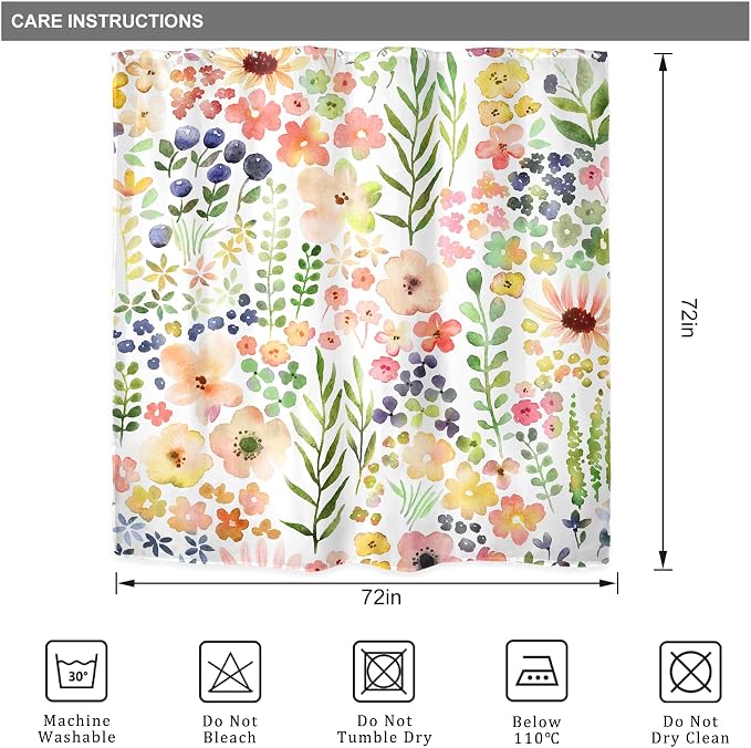 Green Yellow Floral Cute Colorful Kids Girly Bathroom Shower Curtain Set | 72"W x 72"H Botanical Plants; waterproof HD print, quick-dry fabric with 12 hooks for easy hanging.
