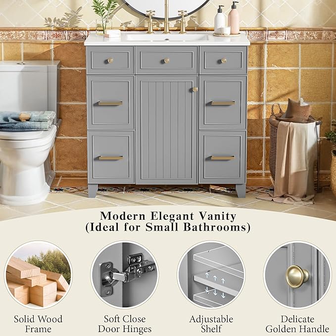LUMISOL 36" Bathroom Vanity with Sink Top, Modern Bathroom Vanities with 3 Drawers & Cabinet, Solid Wood Bathroom Cabinet with Undermount Basin Sink, Grey