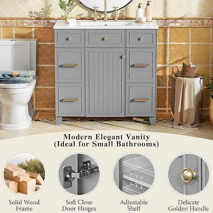 LUMISOL 36" Bathroom Vanity with Sink Top, Modern Bathroom Vanities with 3 Drawers & Cabinet, Solid Wood Bathroom Cabinet with Undermount Basin Sink, Grey
