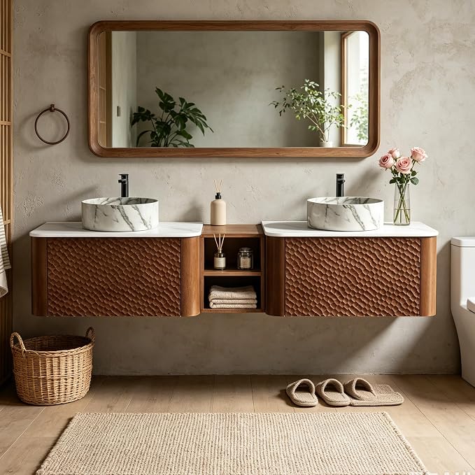 72 Inch Double Vanity with Sink Set, Floating Bathroom Sink Cabinet with Sintered Stone Top&Solid Wood Hammered Frame, Double Bathroom Vanities w/Soft-Close Drawers&1 Side Open Cube