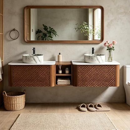 72 Inch Double Vanity with Sink Set, Floating Bathroom Sink Cabinet with Sintered Stone Top&Solid Wood Hammered Frame, Double Bathroom Vanities w/Soft-Close Drawers&1 Side Open Cube