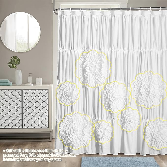 White Floral Ruffle Shower Curtain 72x72 Inches, Elegant Textured Design with Reinforced Stitch Panel, Bathroom Décor with Soft Fabric & Durable Construction, Machine Washable (LQ-41)