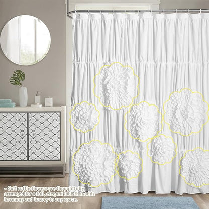 White Floral Ruffle Shower Curtain 72x72 Inches, Elegant Textured Design with Reinforced Stitch Panel, Bathroom Décor with Soft Fabric & Durable Construction, Machine Washable (LQ-41)