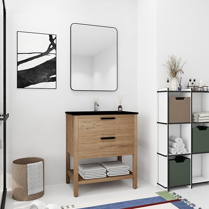 30'' Freestanding Bathroom Vanity, 30 Inch Floor Stand Bathroom Vanity with Sink, Single Black Sink Cabinet Set, Modern Storage Cabinet, with Soft Closing Drawers, 01030IMO+9075BK