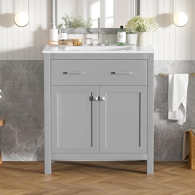 Favfurish 30" Bathroom Vanity with Ceramic Sink,Undermount Single Basin Vanity Set w/1 Flip-Out Drawer and 2 Soft-Close Doors & Adjustable Shelf,Freestanding Storage Cabinet,Solid Wood Frame,Gray