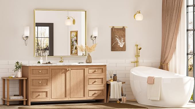 Keonjinn 42x36 Inch Gold Bathroom Mirror for Over Sink, Rectangular | HD Tempered Glass, Vanity Mirror, Brushed Framed, Square Corner, Modern Farmhouse, Wall Mounted Mirrors, Aluminum Alloy