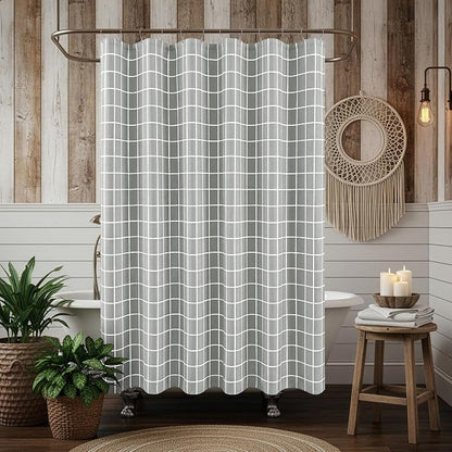 Fabric Farmhouse Shower Curtain-Extra Long Cloth Shower Curtains Bathroom | 72"Wx84"L Silver Grey Faux Linen Grid Minimalist Simple Rustic Neutral Shower Curtain-Geometric Plaid Washable Hotel Quality
