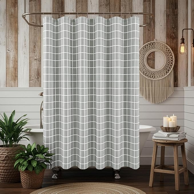 Fabric Shower Curtains for Bathroom-Cloth Modern Farmhouse Shower Curtain | 70"Wx72"L Silver Grey Faux Linen Grid Minimalist Simple Neutral Guest Bathroom Decor Hotel-Cloth Geometric Rustic Washable