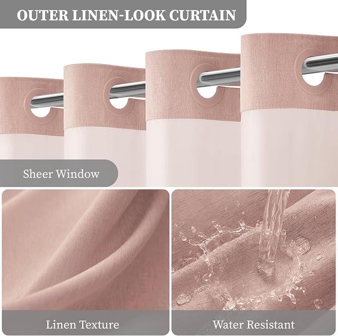 72x81 Ringless Linen Textured Shower Curtain with Snap in Liner, Blush | Tall Size, 3 in 1 Shower Curtain Set, Removable Liner, Waterproof & Washable, Mesh Top Window, Durable Fabric, Easy Setup