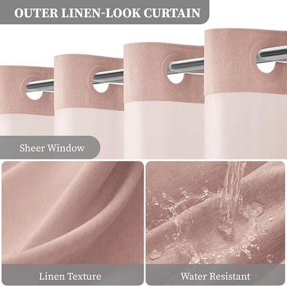 72x81 Ringless Linen Textured Shower Curtain with Snap in Liner, Blush | Tall Size, 3 in 1 Shower Curtain Set, Removable Liner, Waterproof & Washable, Mesh Top Window, Durable Fabric, Easy Setup