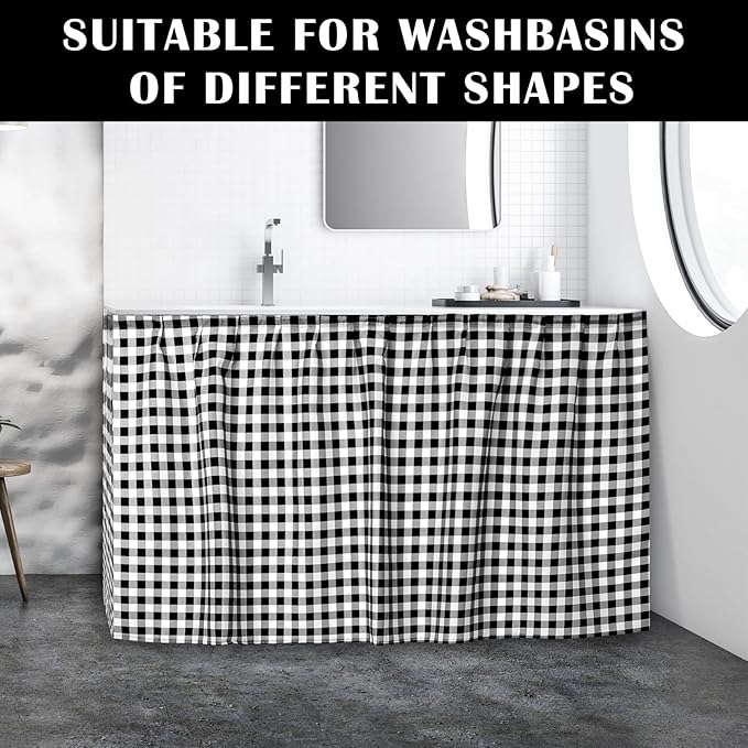 Fabric Sink Skirt Diamond Bathroom Stitch Self Stick Adhesive Waterproof Fabric Under Sink Curtain Skirt 55 x 32 Inch Adds Bathroom Storage(Black and White,Classic Style)