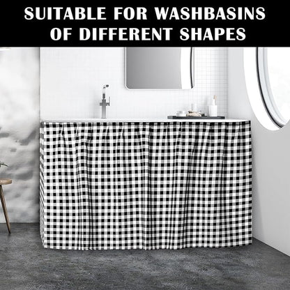 Fabric Sink Skirt Diamond Bathroom Stitch Self Stick Adhesive Waterproof Fabric Under Sink Curtain Skirt 55 x 32 Inch Adds Bathroom Storage(Black and White,Classic Style)