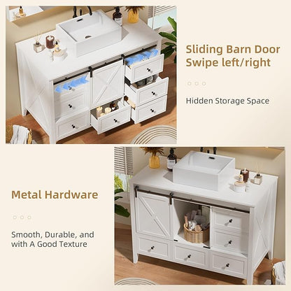 VNN Bathroom Vanity with Sink - 48 Inch Bathroom Vanity with Sink Ceramic, Freestanding Cabinet with Farmhouse Sliding Barn Door and 7 Drawers, Space-Saving Storage Cabinet, Wood Grain Texture, White