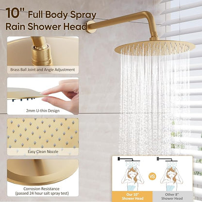 Brushed Gold Shower System with Tub Spout with 10" Rain Shower Head | All Metal Tub Shower Faucet Set with Shower Head and Handheld Spray combo, Wall Mounted Shower System with valve and Trim kit