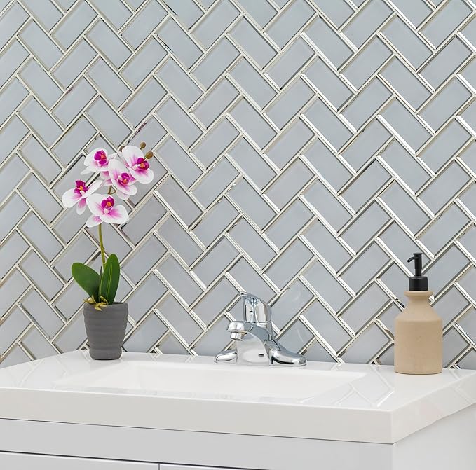 MSI Ice Bevel Herringbone 11 in. x 14 in. Glossy Glass Tile for Kitchen Backsplash, Wall for Bathroom, Accent, and Shower Wall Tile Mesh-Mounted Mosaic