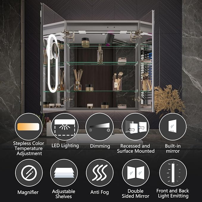Neftis 30x36 Medicine Cabinet with Lights & Magnifier & Mirrors, GFCI Outlet, Soft-Closed Hinges, Front&Backlit, Anti-Fog, Dimmable&Tunable, Sensor Lights, Recessed/Surface, Adjustable Shelves