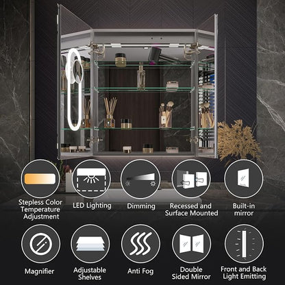 Neftis 30x36 Medicine Cabinet with Lights & Magnifier & Mirrors, GFCI Outlet, Soft-Closed Hinges, Front&Backlit, Anti-Fog, Dimmable&Tunable, Sensor Lights, Recessed/Surface, Adjustable Shelves