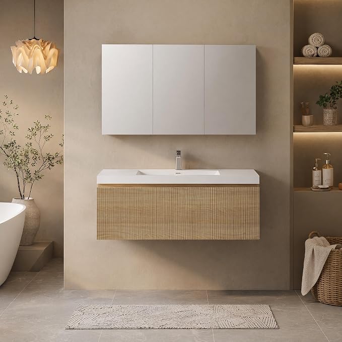 Floating Bathroom Vanity, 42" Wall Mounted Bathroom Cabinet with Glossy White Stone Resin Sink & U-Shaped Soft-Close Drawer, Pre-Assembled Striped Storage Vanity for Bathroom, Natural Wood