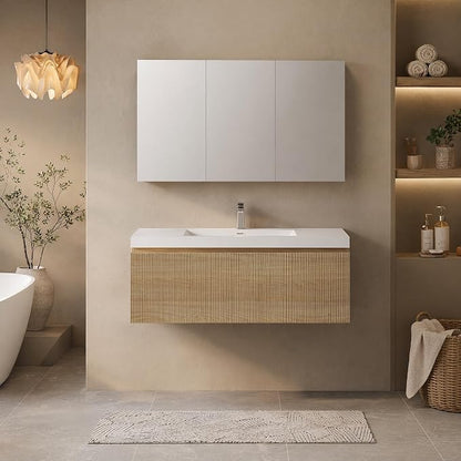 Floating Bathroom Vanity, 42" Wall Mounted Bathroom Cabinet with Glossy White Stone Resin Sink & U-Shaped Soft-Close Drawer, Pre-Assembled Striped Storage Vanity for Bathroom, Natural Wood